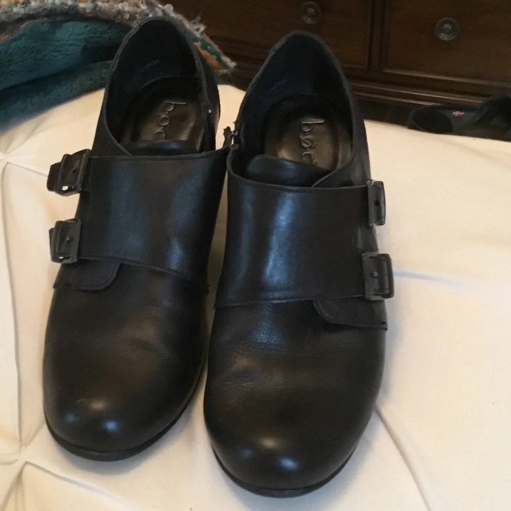 b.o.c. Black Leather Ankle Booties with Buckle Straps